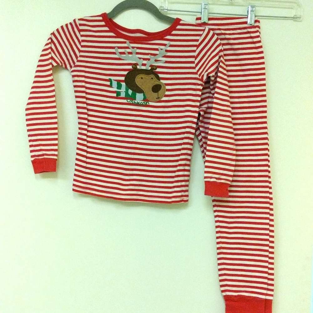 Boys Red & White Striped Holiday Reindeer Pajamas Size 10. Osh Kosh B'gosh